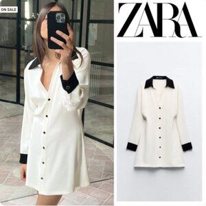 Zara White Button Down Dress with Contrast Trim